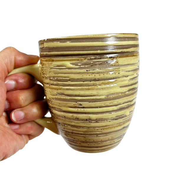 2 Thomson Pottery BIRCH Mugs Textured Striped Farmhouse Rustic Yellow Brown - Picture 10 of 12